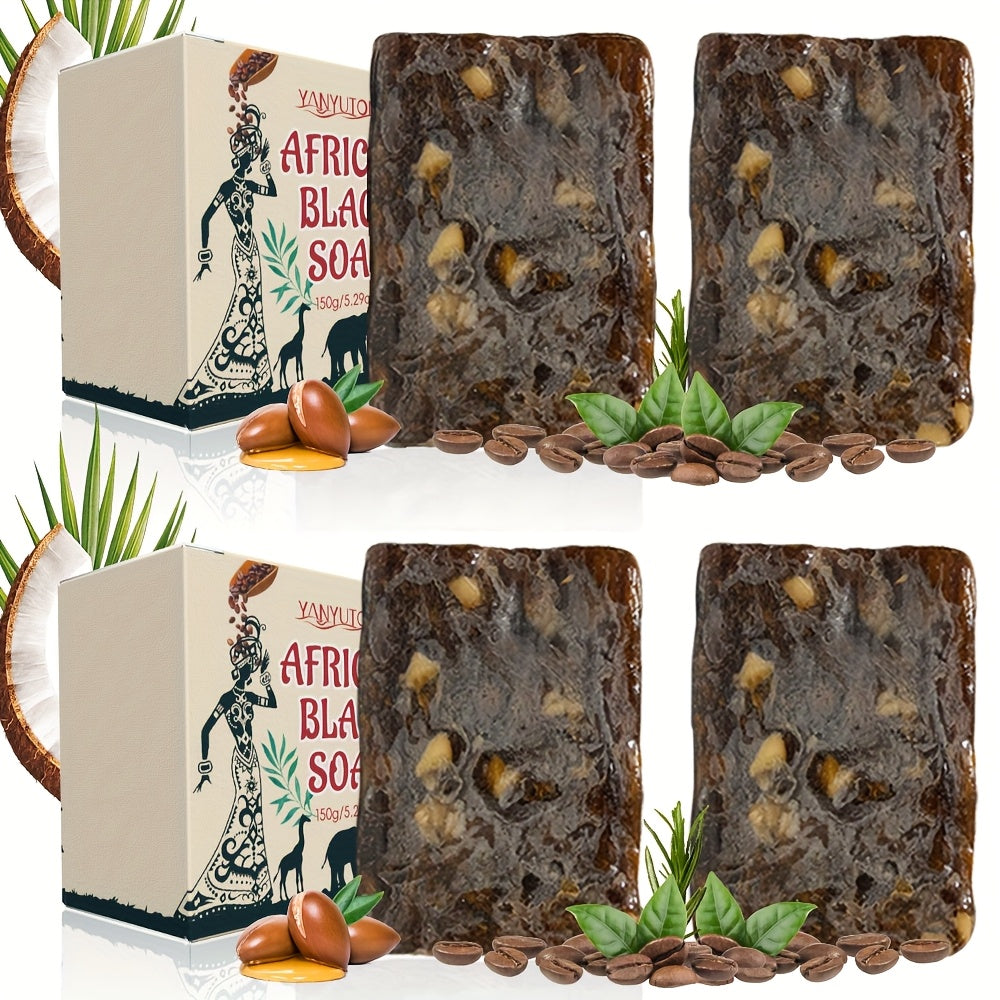 4pcs of 150g African Black Soap, Coffee Soap, Selected Cocoa Beans from West Africa, Deep Cleansing Facial and Body Soap, Oil Control and Moisturizing, Long-lasting Fragrance, Coconut Oil, Rosemary Essential Oil, Deep Cleansi